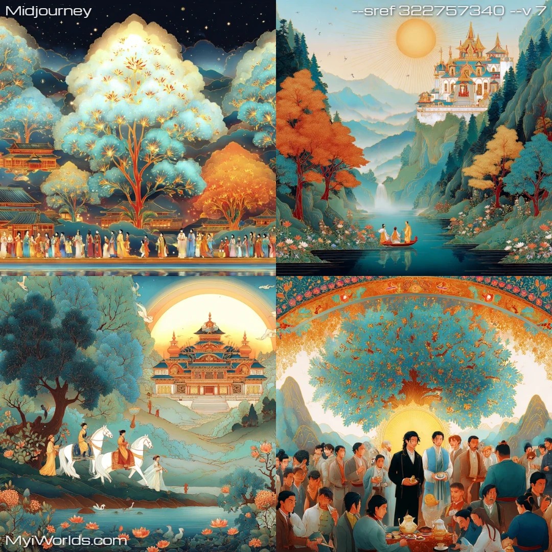 Watercolor-painting-with-a-nature-inspired,-ethereal-color-palette-and-stylized-elements.
