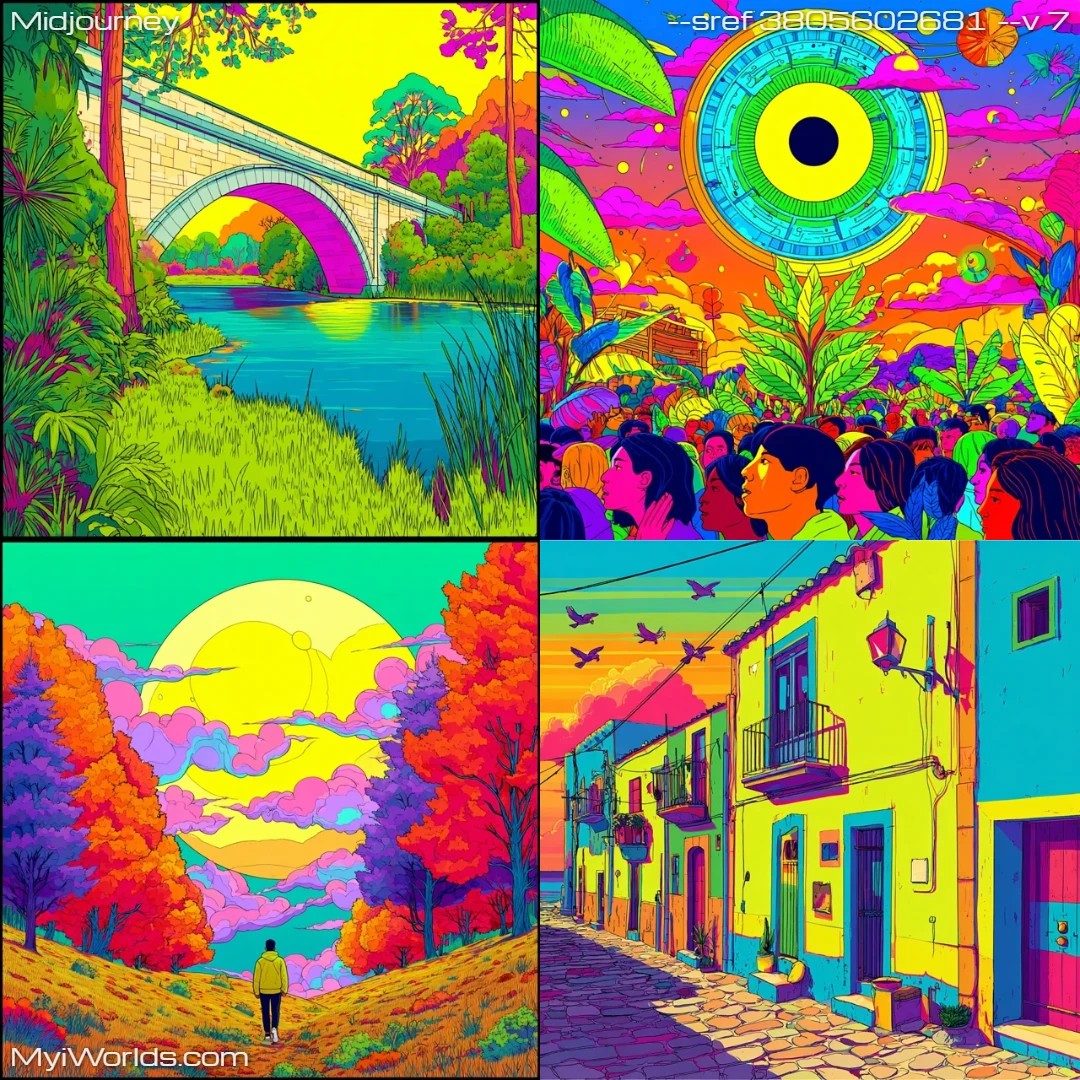 Surreal psychedelic art with vivid colors and dream-like imagery.