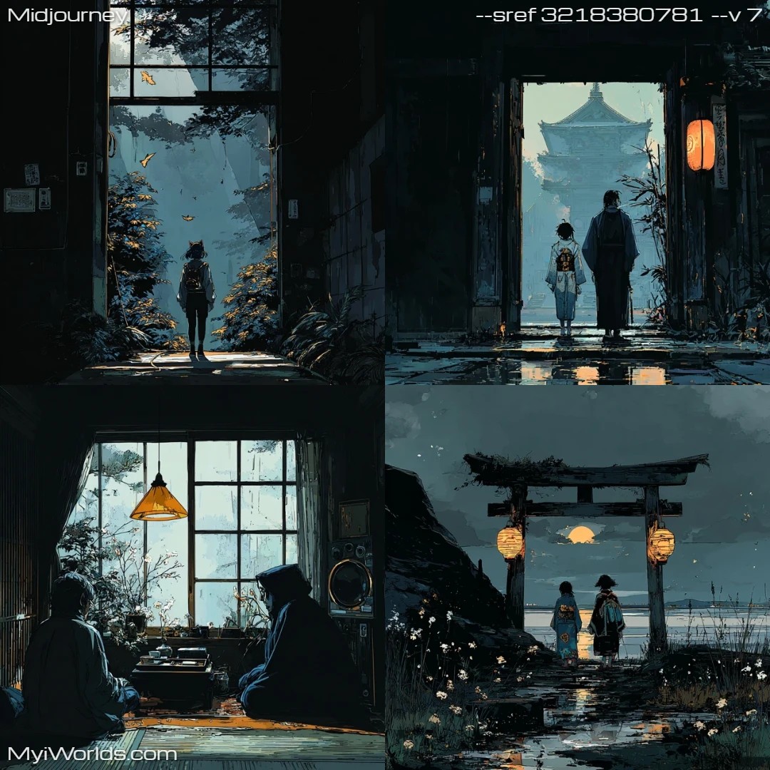 Woodblock-print-with-a-moody,-dark-atmosphere-and-silhouette-style.