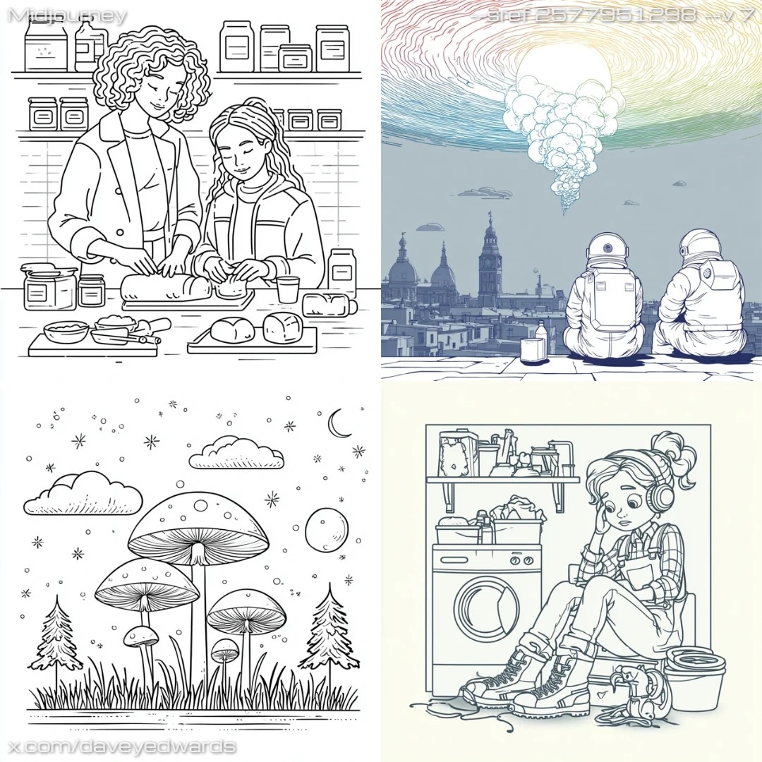 Cartoon style drawing with monochromatic color scheme featuring colored pencil techniques.