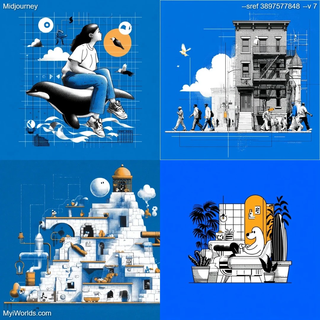 Monochromatic digital line art with stylized architecture.