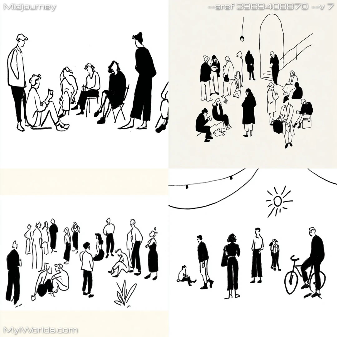 Black-and-white-pencil-sketch-featuring-silhouettes-of-people-in-a-street-scene-with-a-warm,-naturalistic-lighting.