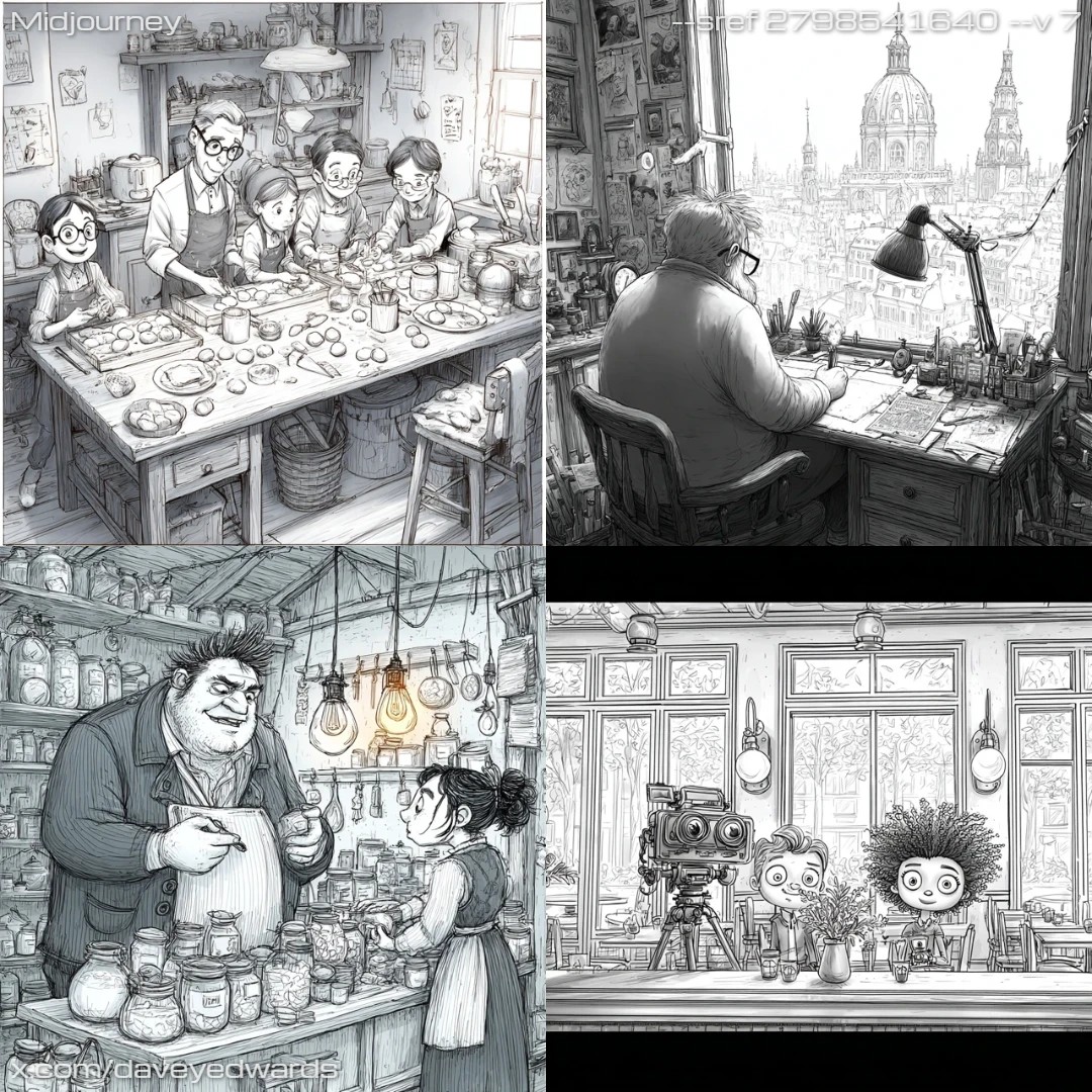 Comic-book style with stylized characters in a black-and-white expressionistic art form.