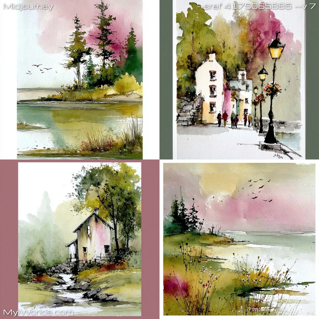 Impressionistic-watercolor-painting-with-coastal,-natural-lighting-and-rural-landscape-elements.