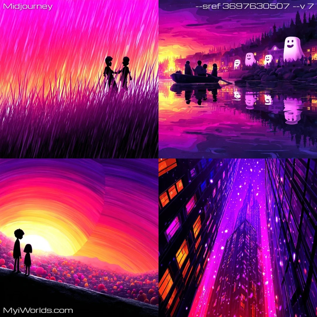 Digital illustration with a magenta and purple color palette, featuring dynamic lighting effects.