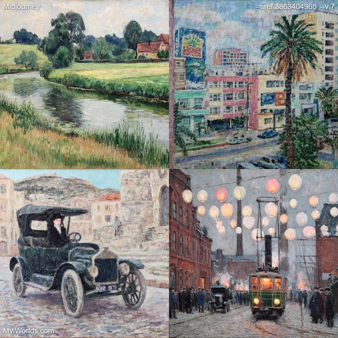 Realistic mixed media urban landscape painting with detailed composition.