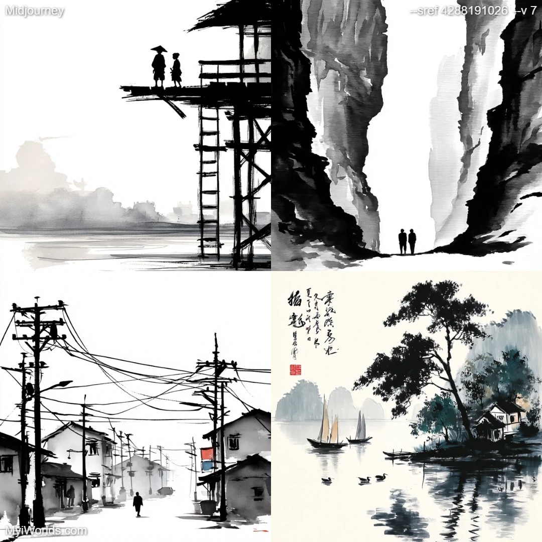 Ink wash painting with stylized brush strokes and silhouettes.