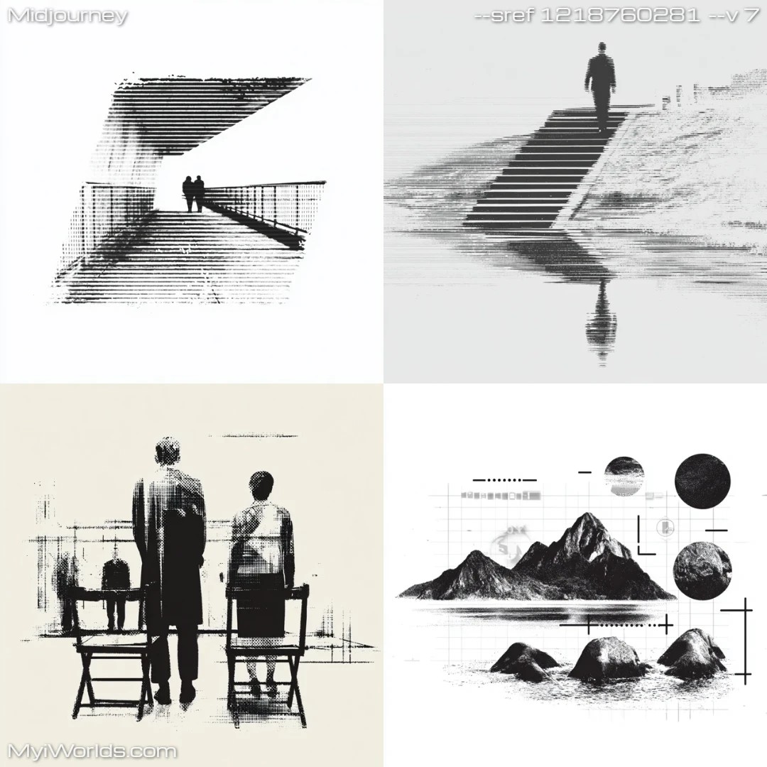 Surreal digital art with monochrome circular patterns and minimalist composition.