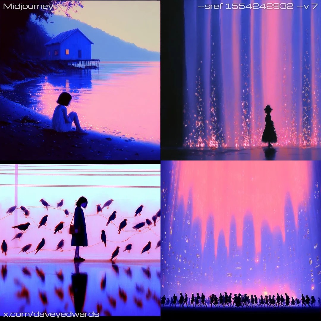 Surrealism with a nighttime, ethereal atmosphere featuring pink-toned lighting.