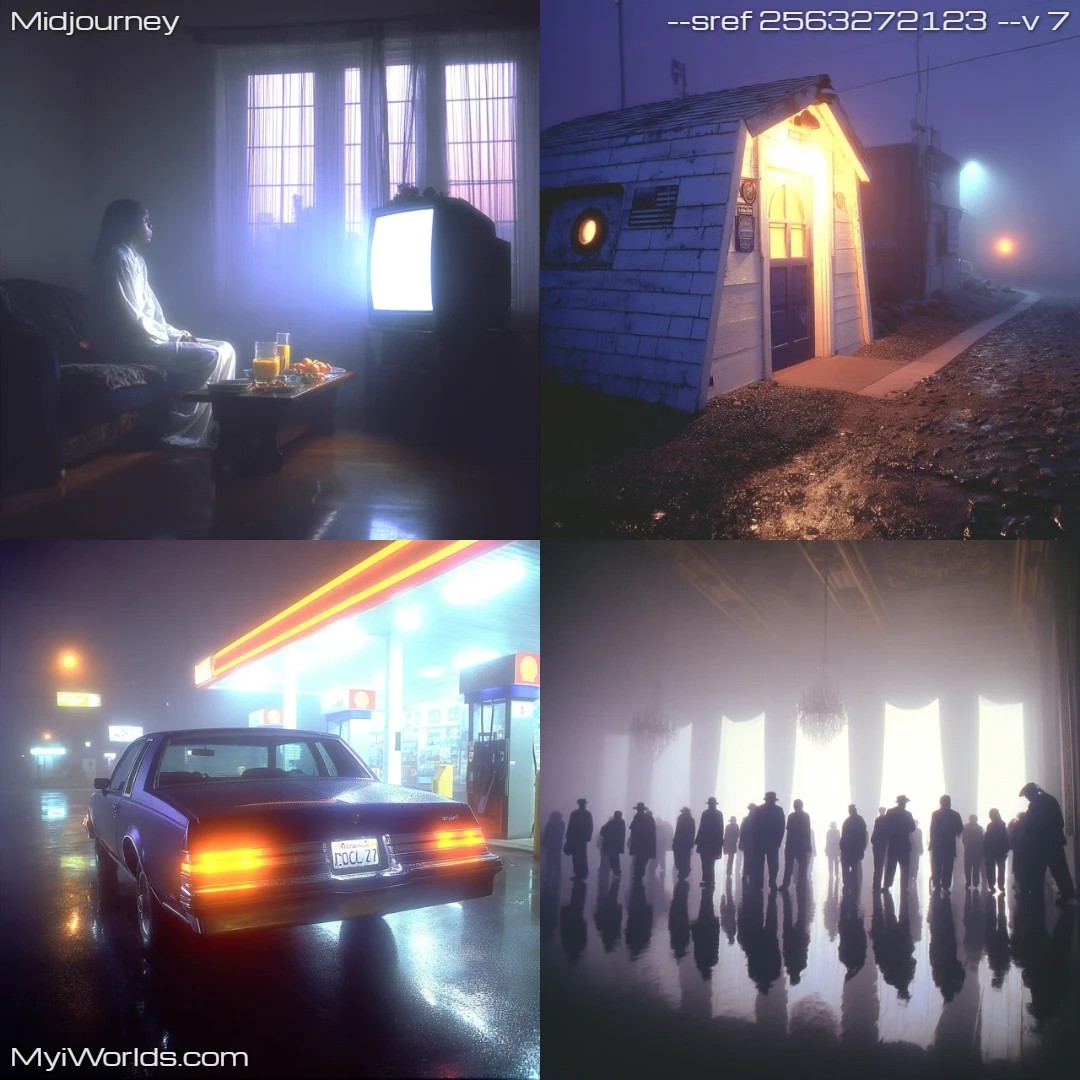 Realistic urban photography with muted colors and foggy atmosphere.