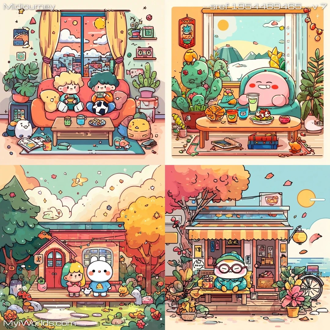 Cartoon-illustration-with-a-comic-style,-utilizing-autumnal-colors-in-an-idyllic,-cozy-setting.