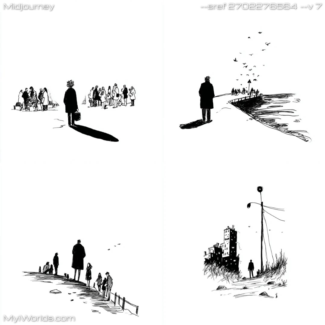 Monochromatic-graphic-art-with-linear-perspective-and-silhouette-of-a-figure-in-the-foreground.