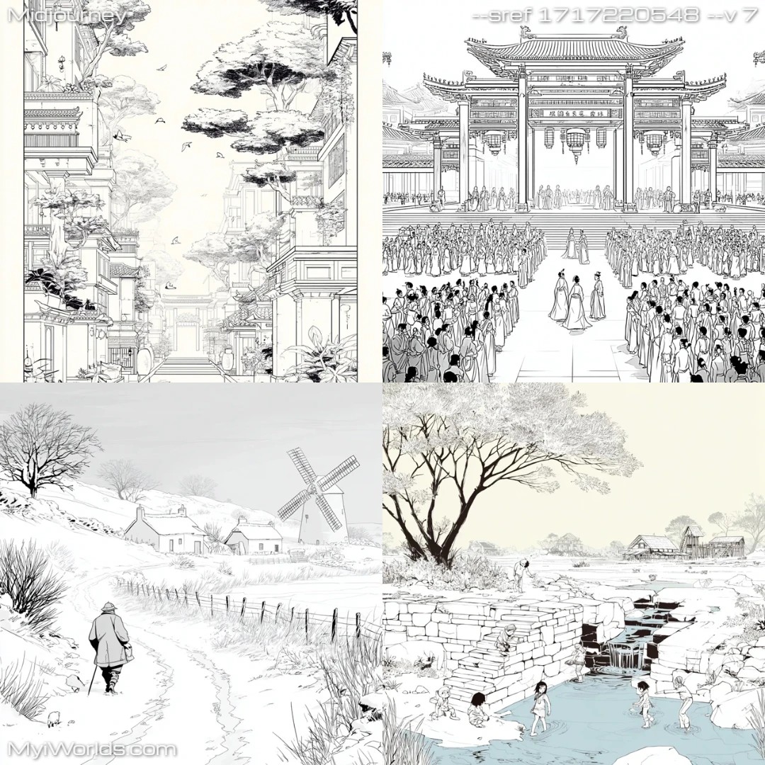 Ink wash art with limited palette, emphasizing vertical lines and stylized elements.