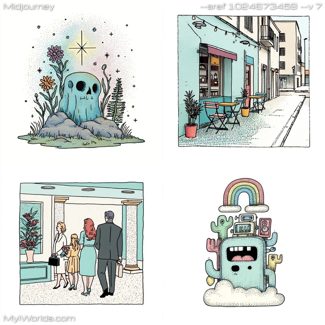 Cartoon digital art with modern urban settings, showcasing detailed linework and vibrant color palettes.