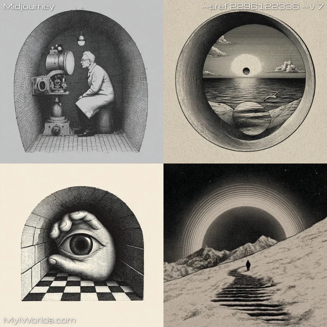 Surrealistic art with a limited color palette and intricate detailing, utilizing circular vignettes.