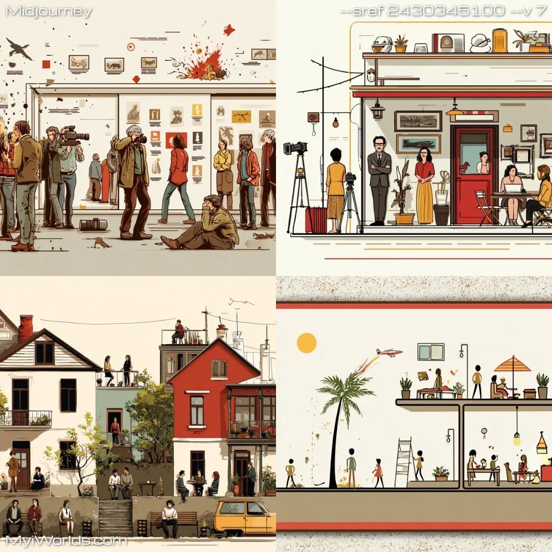 Graphic-art-with-flat-shading-depicting-urban-scenes-and-cartoon-style.