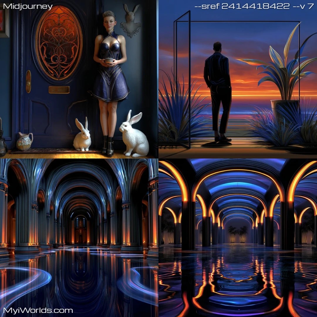 Surrealistic art with neon lighting, high contrast and reflections in a dark setting.