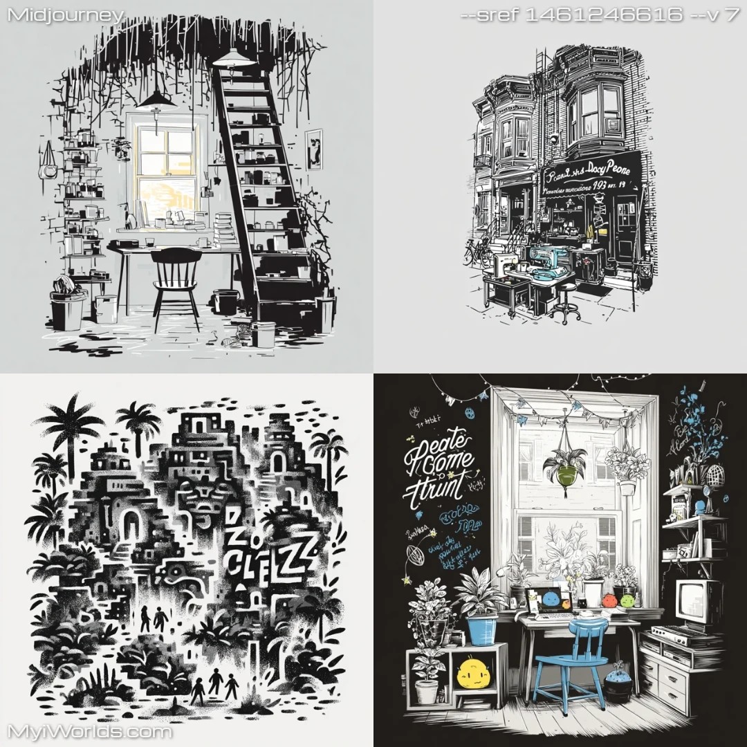 Monochromatic detailed line work with layered compositions and a muted color palette.