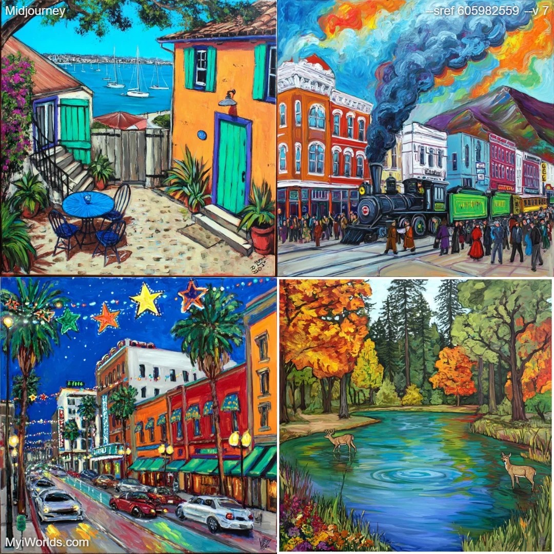 Realistic urban landscape with diverse subjects.