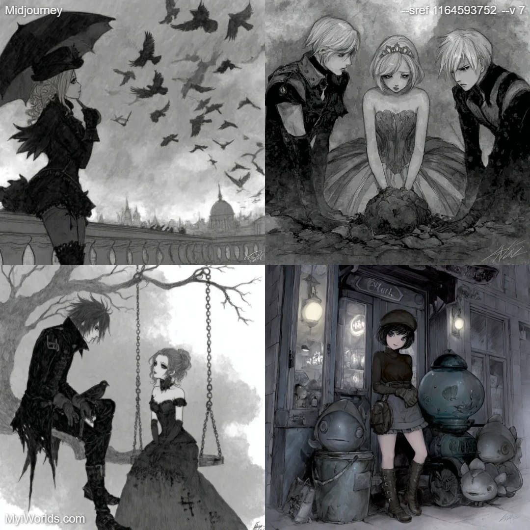 Monochromatic steampunk with gothic inspiration and a touch of manga influence.