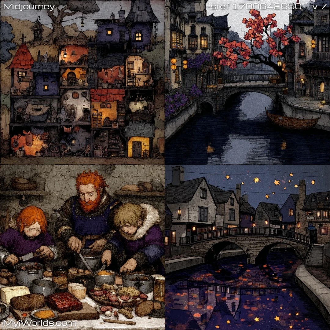 Detailed illustration with a muted palette, depicting a medieval townscape at night.