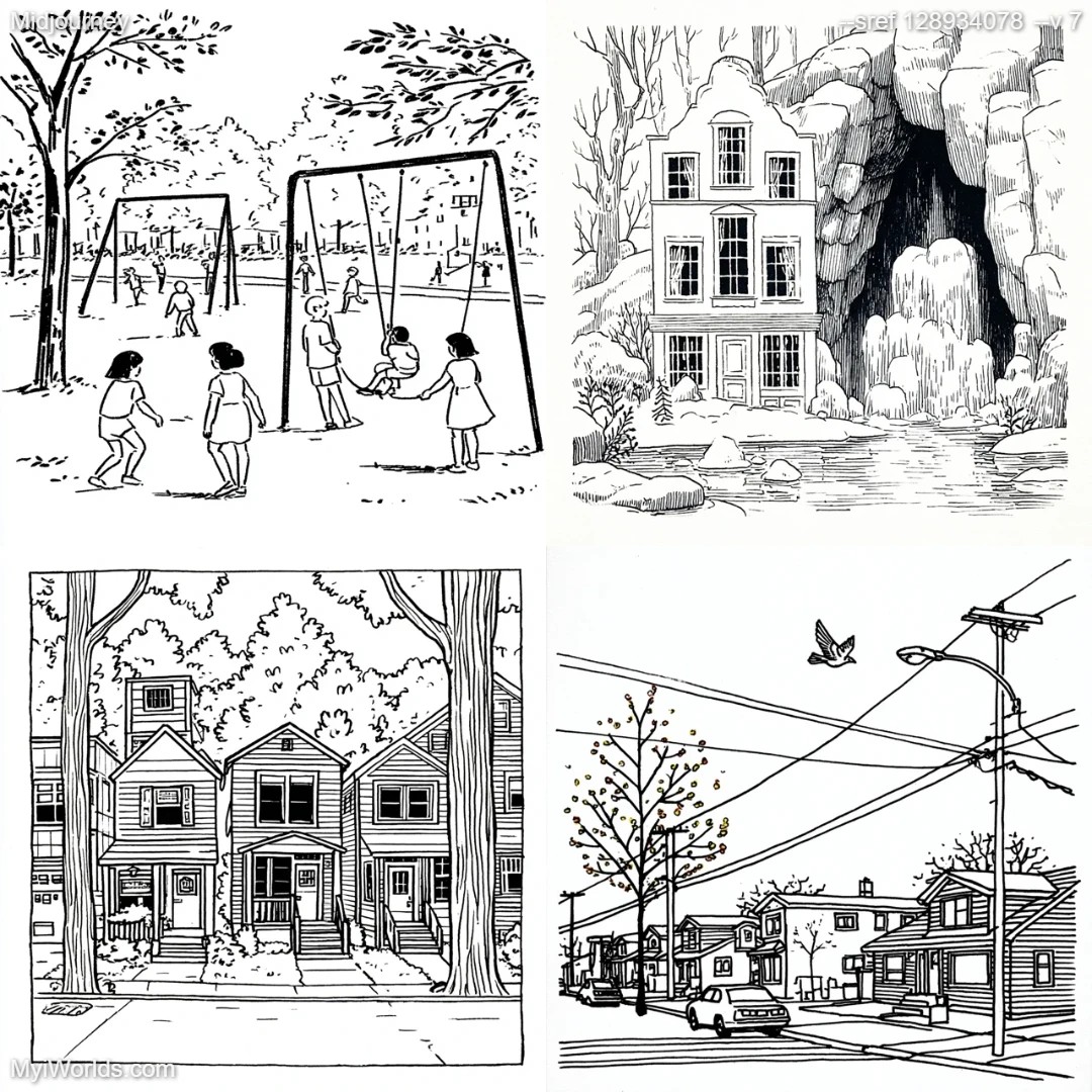 Community sketch with black-and-white pencil, capturing a nostalgic atmosphere in urban neighborhood.