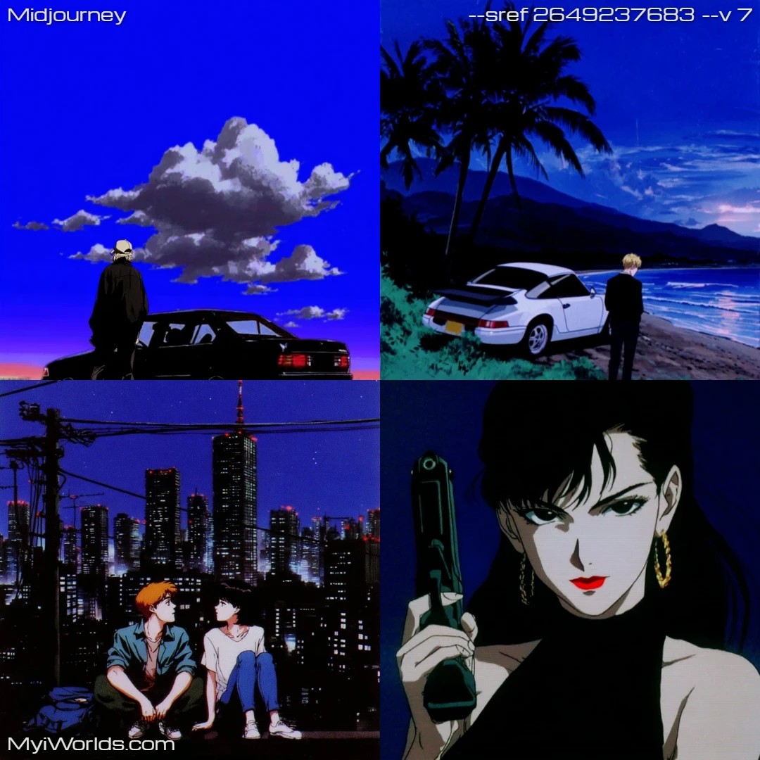 Stylized manga illustration with high contrast, featuring urban environments.