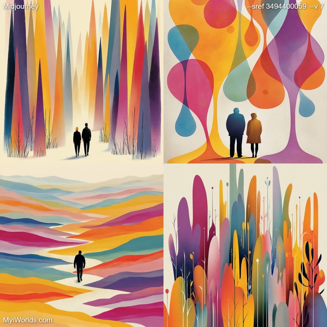 Expressionistic fluid line art with saturated colors.