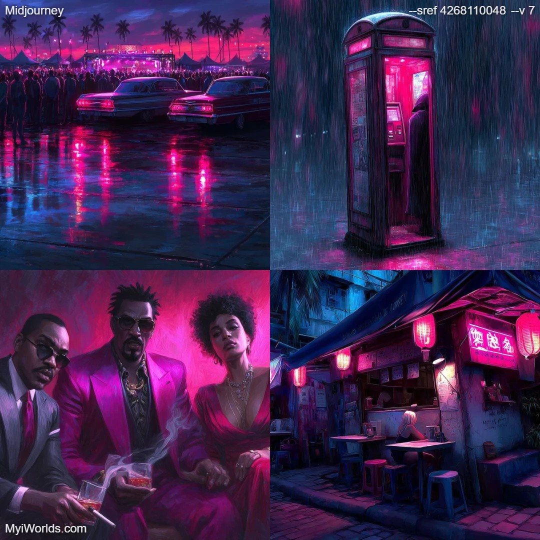 Cyberpunk urban art with low saturation, featuring neon lights in a vibrant city night scene.