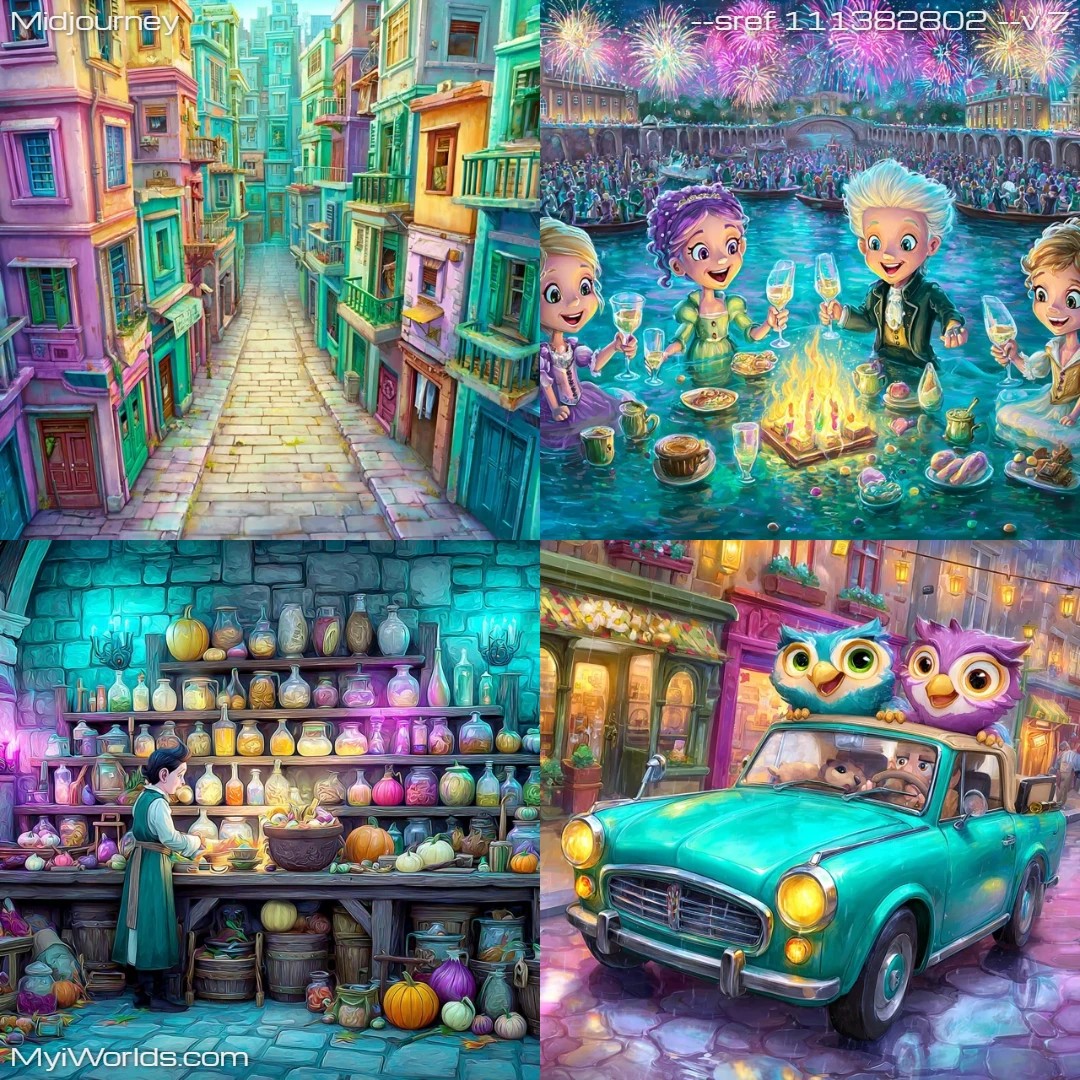 Cartoon illustration with whimsical characters, set in a vibrant and colorful fantasy village.