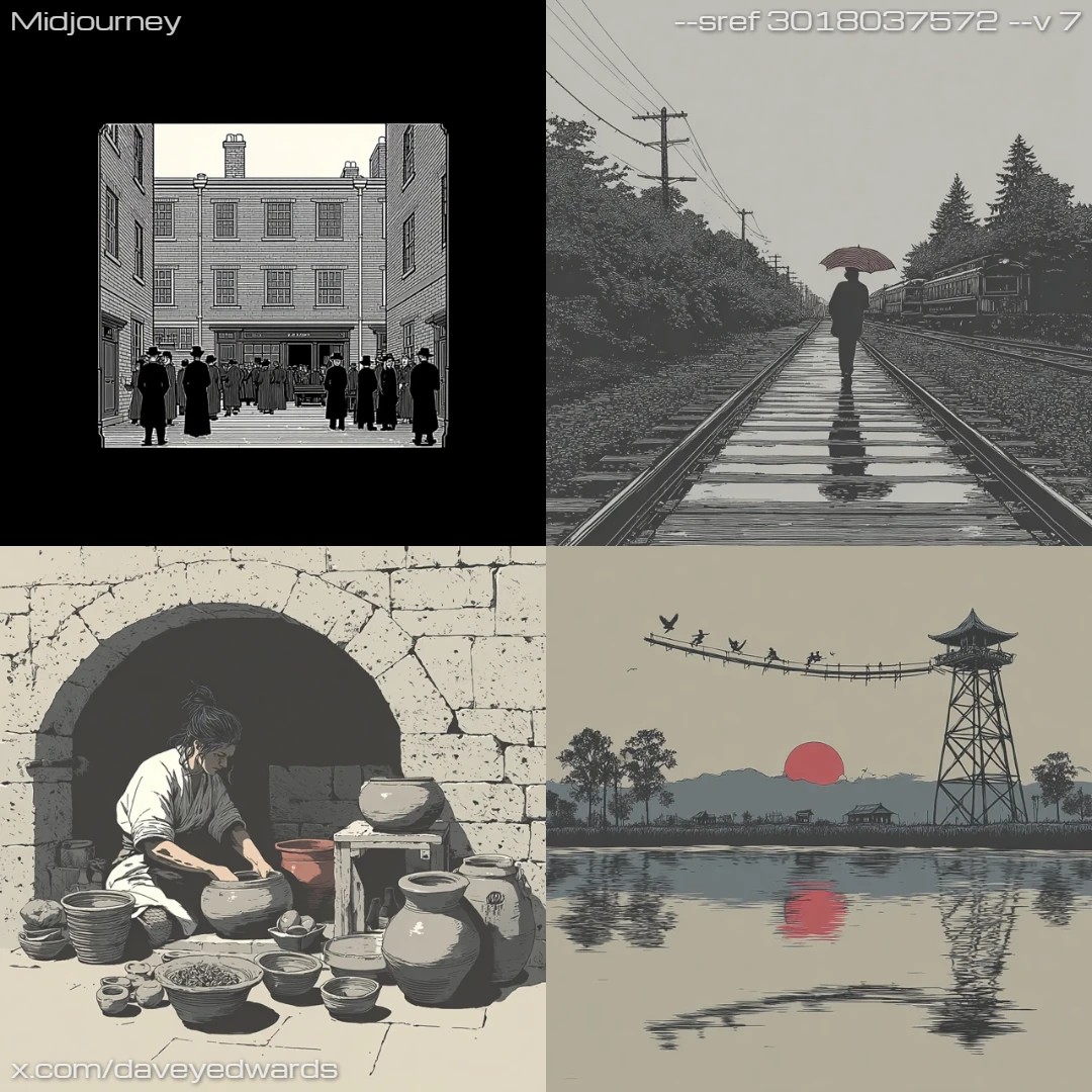 Monochromatic surrealistic art with textured narrative elements.