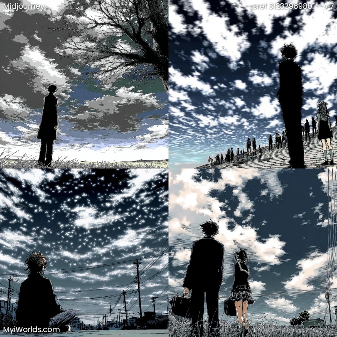 Manga-art-with-a-moody,-atmospheric-tone-featuring-dark-colors-and-cloudy-skies.