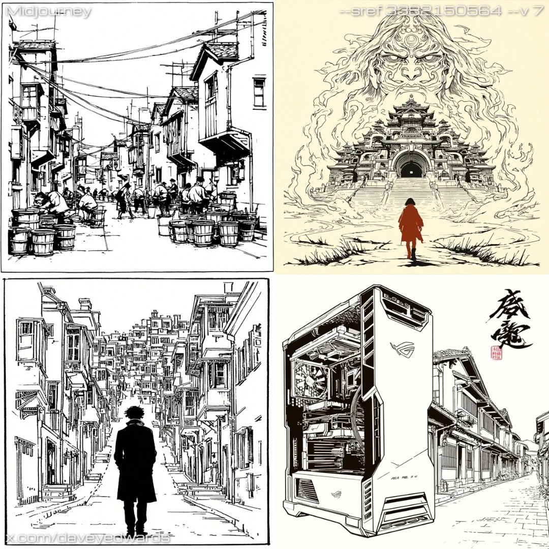 Monochromatic line art with detailed urban textures.