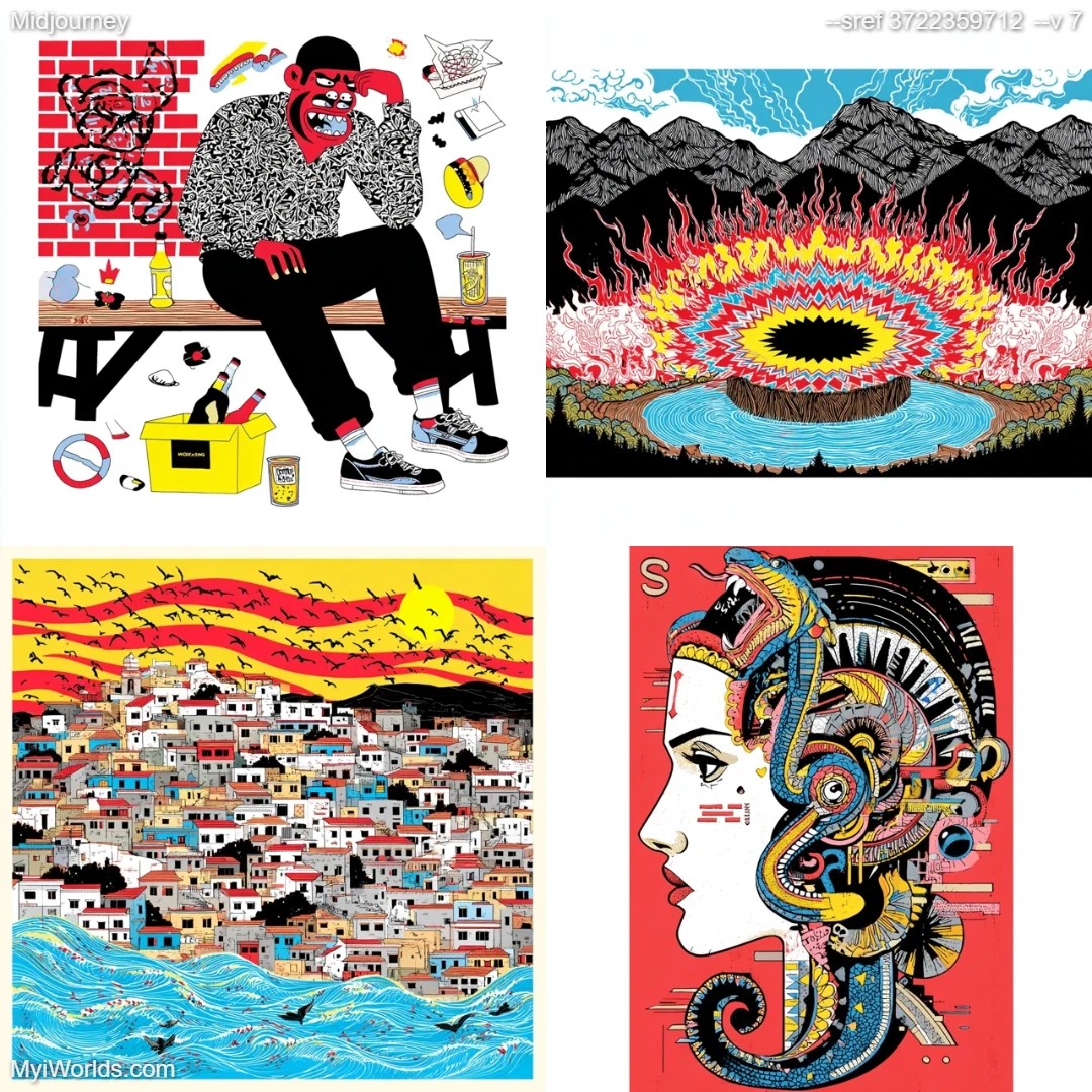 Cartoon-like artwork with vibrant colors, stylized and imaginative.