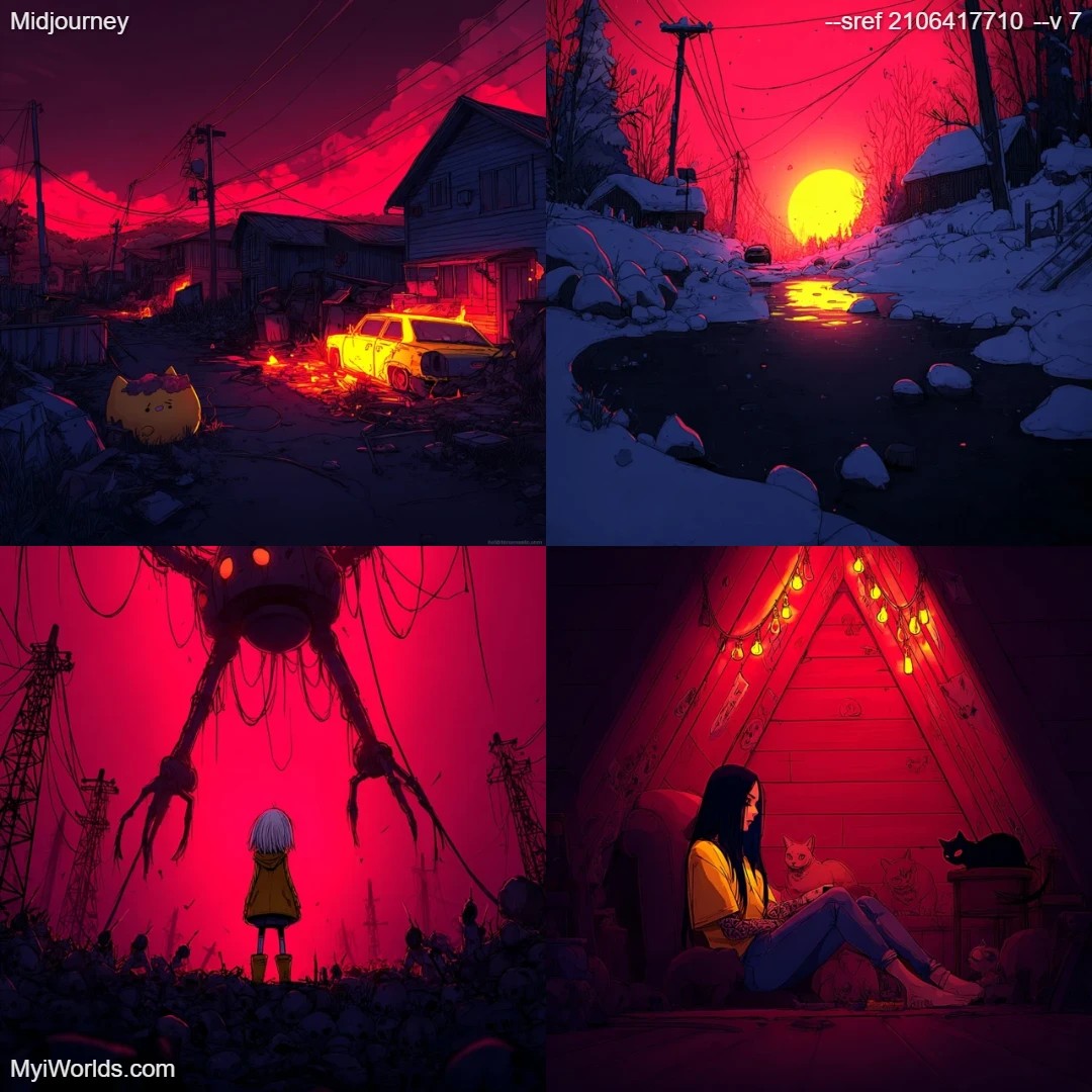 Digital art with a moody atmosphere and a limited palette, featuring dramatic lighting effects.