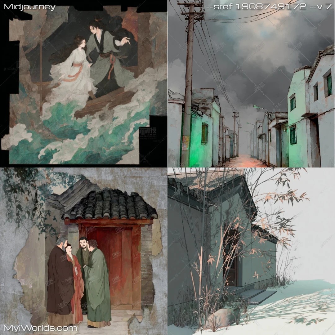 Illustrated scene with east-asian traditional mono-color palette.