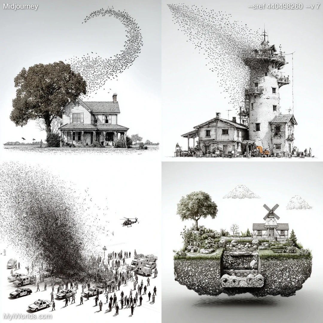 Satirical cartoon with a dark, detailed palette.