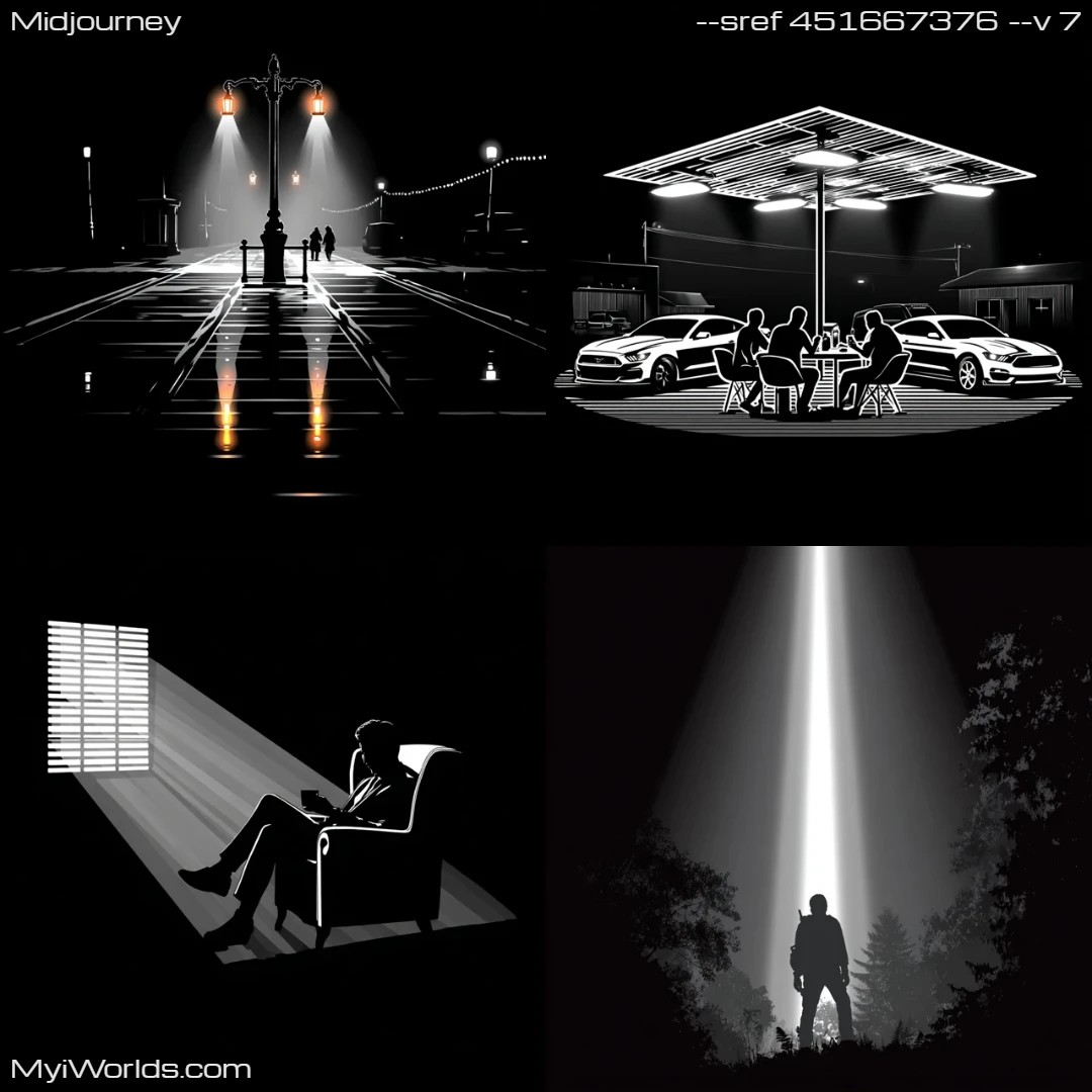 Surrealistic art with dark tones, emphasizing isolation and nocturnal atmosphere.