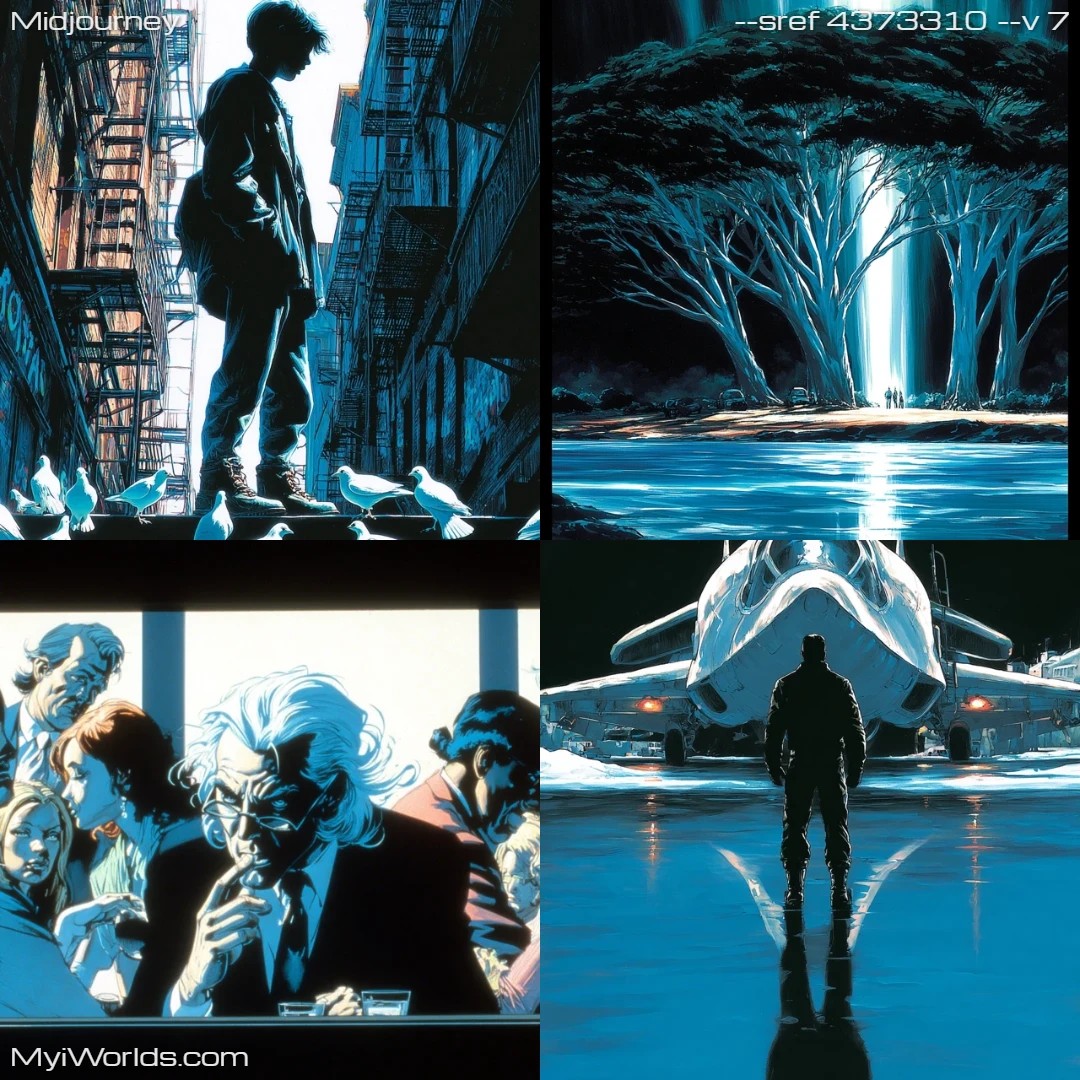 Comic art with high contrast and a dark, moody atmosphere.
