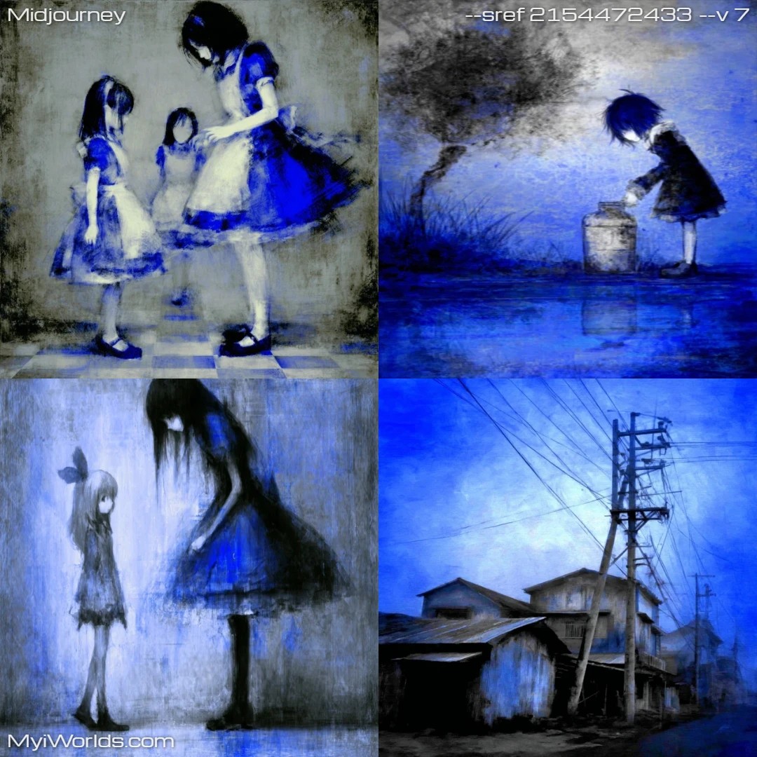 Monochromatic expressionist art featuring dark, moody silhouettes.