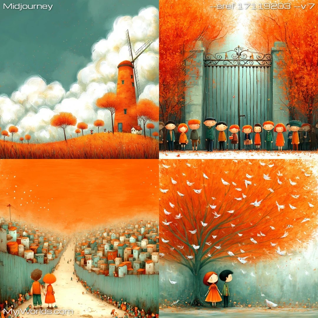 Autumnal-illustration-with-muted-colors,-capturing-a-fantastical-scene-in-monochrome.