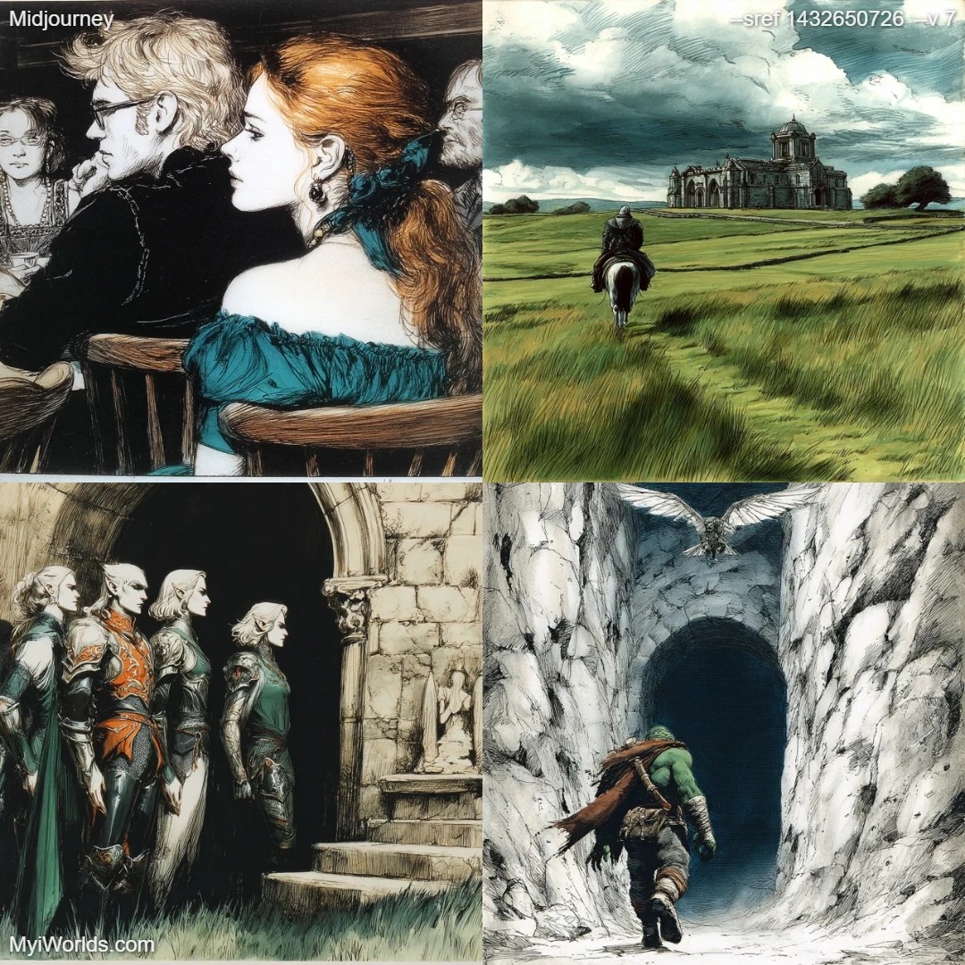 High-contrast digital art with a focus on fantasy elements and detailed illustrations.