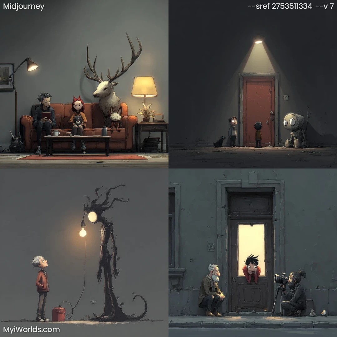 Stylized-cartoon-with-dark-colors-and-subdued-lighting.