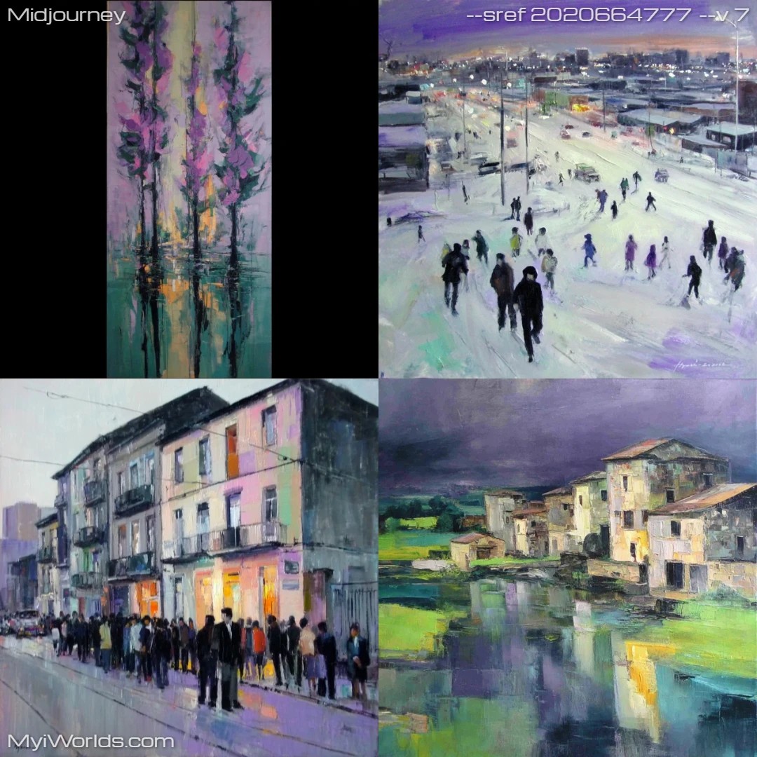 Expressionistic pastel palette street scenery with textured brushwork.