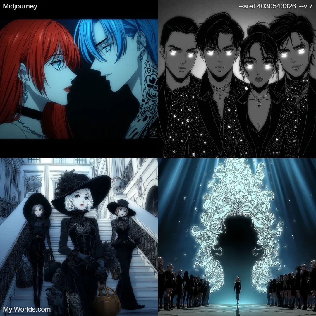 Anime manga artwork with detailed background in a dark color scheme.