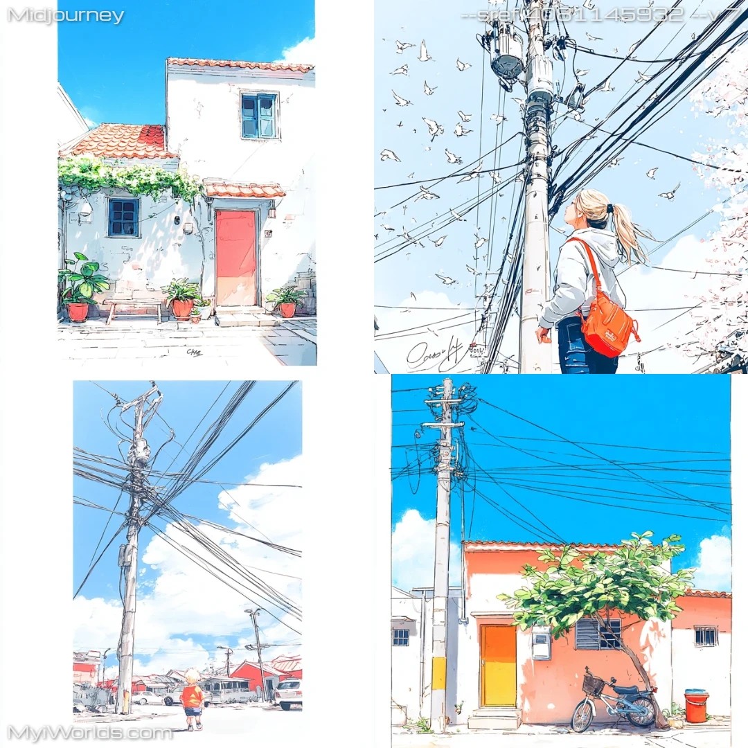 Digital cartoon illustration of urban scene with electric wires and electrical poles.