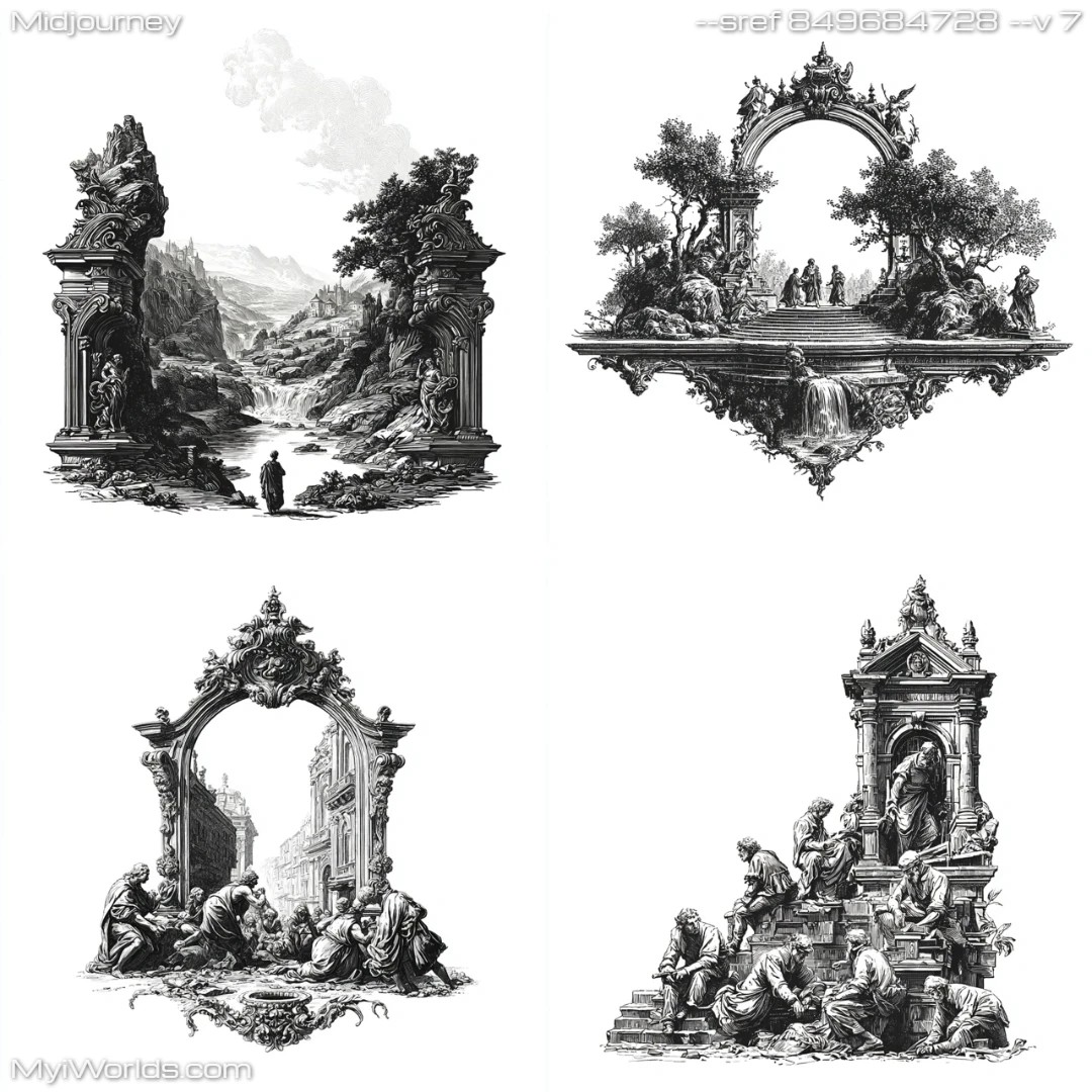 Monochromatic-architectural-detail-in-a-romantic-style,-showcasing-classical-arches-and-ruins.