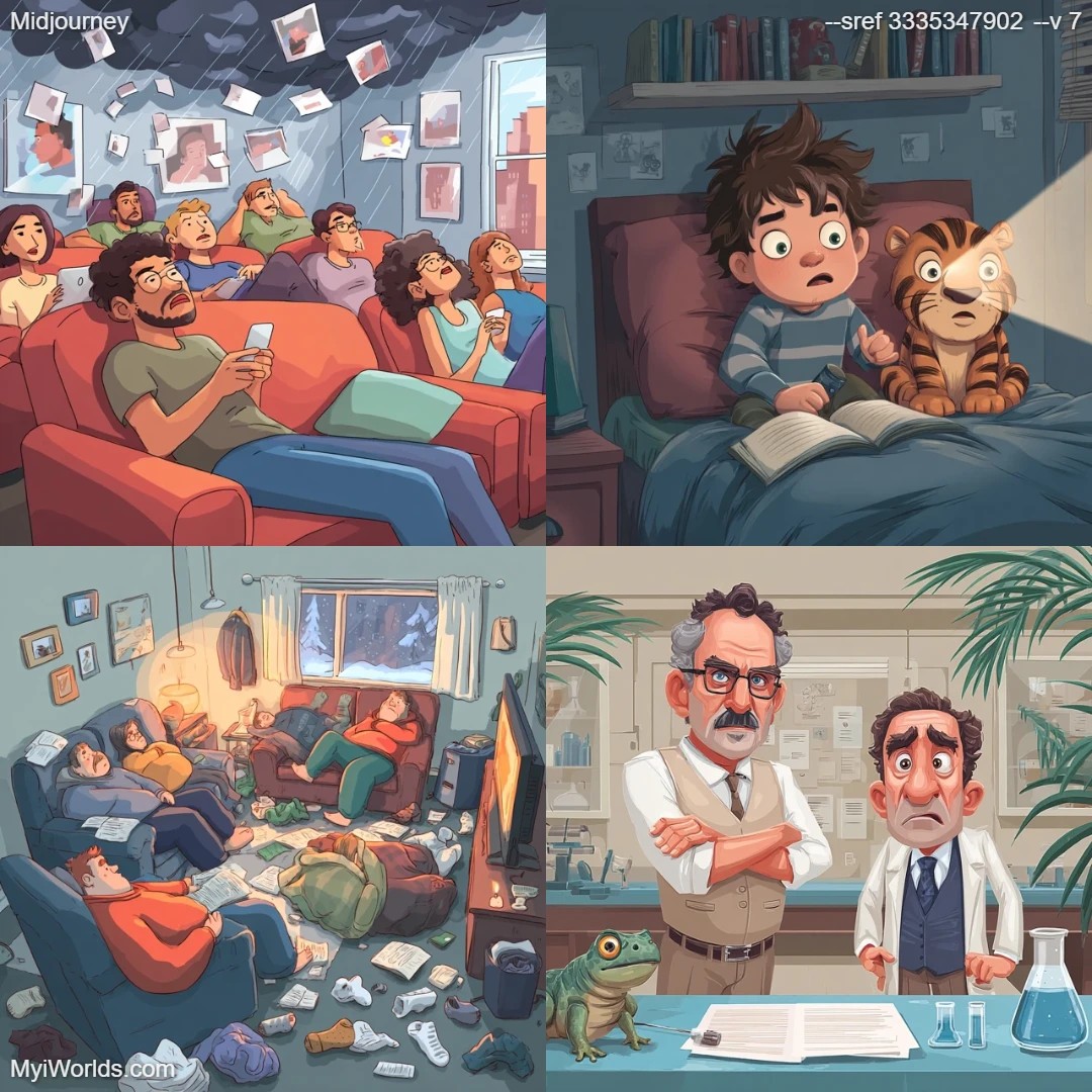Cartoon style with a crowd scene depicted in colorful tones.