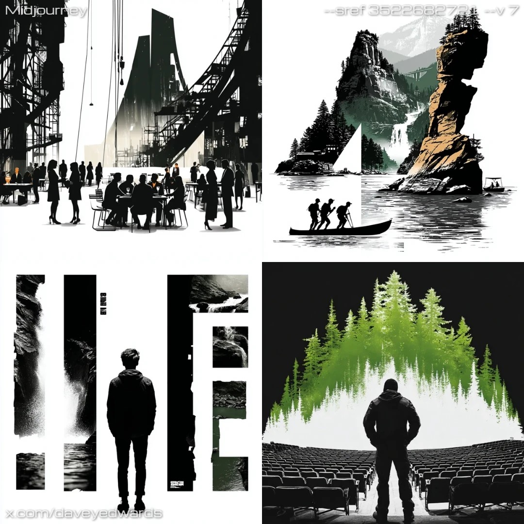 High-contrast minimalist black-and-white art with dramatic shadows and silhouettes.