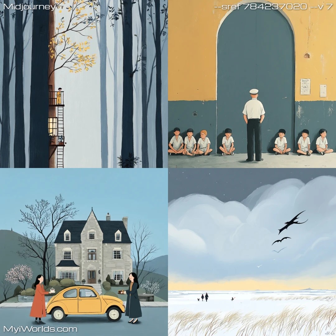 Mid-20th-century digital art with a narrative comic illustration style, utilizing flat colors and simplified forms.
